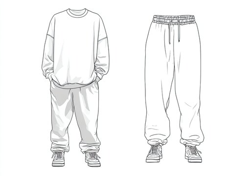 Sweatshirt and sweatpants fashion illustration. Front view design with details