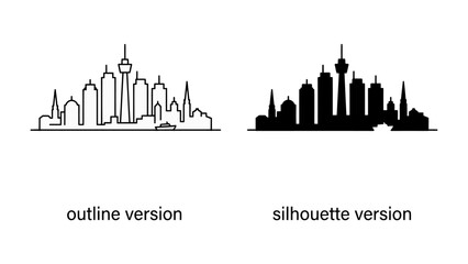 Obraz premium Cityscape Icon: A clean, modern depiction of a city skyline, presented in both an outline and silhouette style, perfect for graphic design and urban branding.