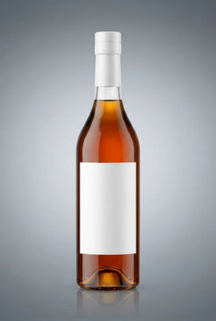 Blank Amber Glass Liquor Bottle Mockup with White Long Neck Capsule and Empty Label, Realistic Template for Whiskey, Brandy, Cognac, or Rum on Gradient Studio Background