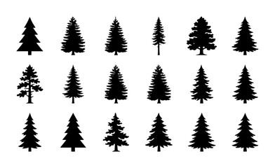 Fototapeta premium Diverse Evergreen Tree Silhouettes, Pine and Fir Forest Icons, Nature Woodland Vector Collection for Design