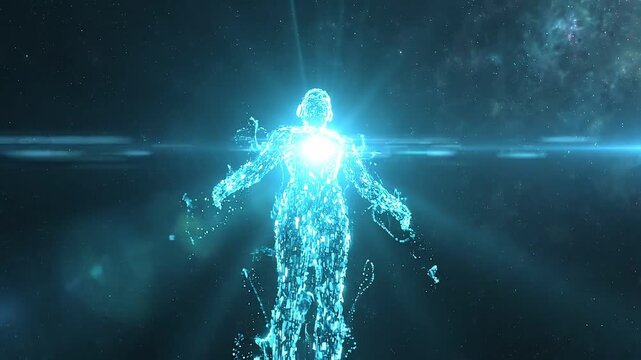 Futuristic humanoid figure composed of glowing blue particles with a bright core, gradually expanding arms and illuminated body in a cosmic space environment