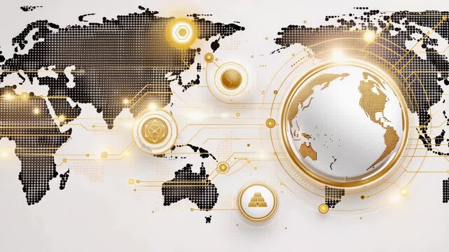 Golden digital globe with circuit lines and icons representing technology and finance