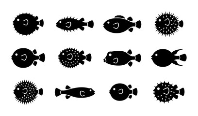 Pufferfish Icon Set, Marine Life Silhouettes, Underwater Creatures Collection, Vector Graphics for Ocean Themes © Romiz