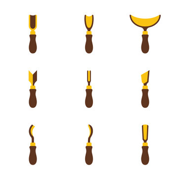 Collection of nine wood carving chisels and gouges with wooden handles, isolated on a white background, tools for woodworking and sculpting