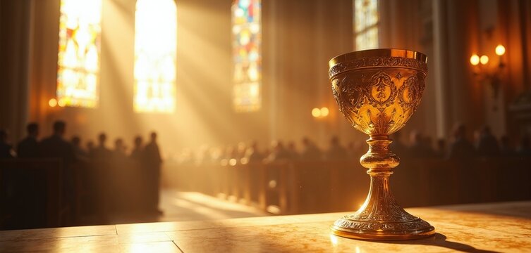 Golden chalice stands on altar inside old church during mass. Sunlight streams through colorful stained glass windows creating beams. Blurred congregation sits in pews people pray near holy symbol.