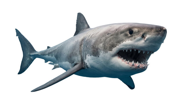 Great white shark with mouth open, showing sharp teeth underwater