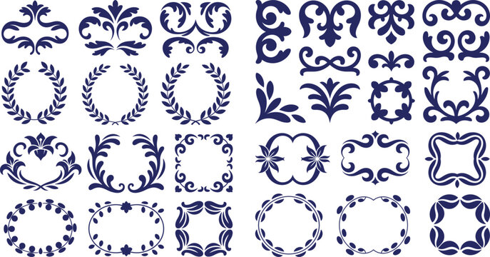 Decorative scrollwork elements and floral wreath frames for elegant ornamental branding.