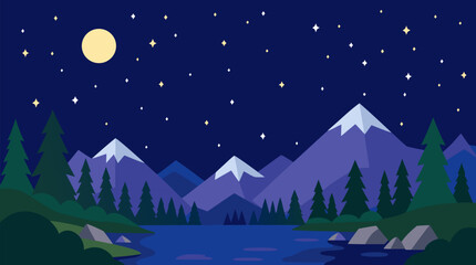 Naklejka premium Majestic mountain night landscape with sparkling stars scattered across deep indigo sky, glowing full moon illuminating snow-capped peaks, evergreen forest and serene alpine lake vector scene