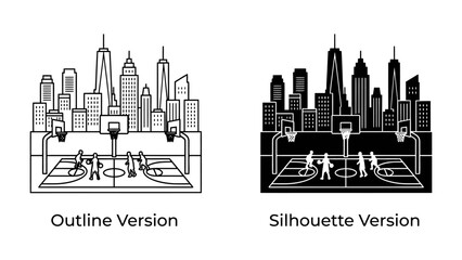 Cityscape Basketball Court Outline and Silhouette: A striking visual representation of a basketball court set against a backdrop of a modern city skyline. © mahmuda