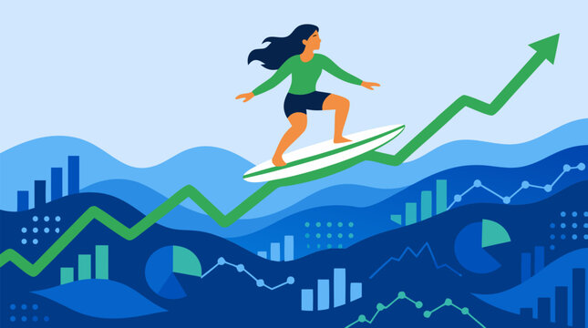 Dynamic vector illustration of confident woman surfing rising green growth line above abstract data ocean with charts graphs for business success finance technology growth innovation concepts