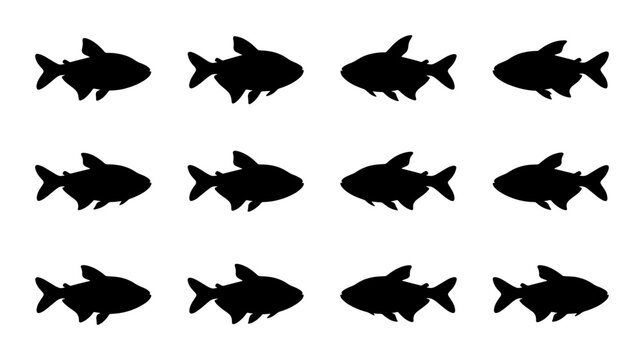 School of Black Fish Silhouettes, Aquatic Life Vector Pattern, Marine Animals Collection, Simple Underwater Graphic Design