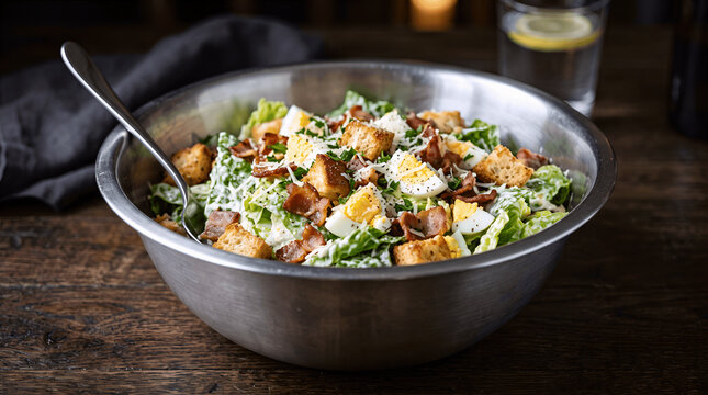 a bowl of caesar salad with bacon