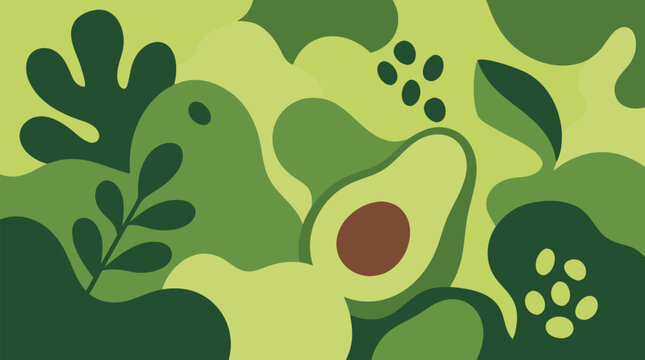 Vibrant vector illustration of rounded organic abstract shapes clustered together in fresh avocado green tones featuring a sliced avocado with pit surrounded by stylized leaves branches and