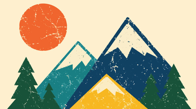 Vintage grunge distressed mountain landscape vector illustration with cracked worn textured snow-capped peaks, orange sun, evergreen pine trees, retro outdoor wilderness adventure scene