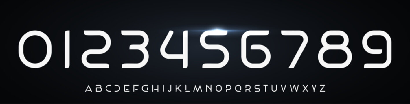 Bold futuristic numbers and letters font alphabet logo. Modern slab typography, minimalist cutout digits typographic design. Future symbols set for sci-fi logo, headline and numeral. Vector typeface