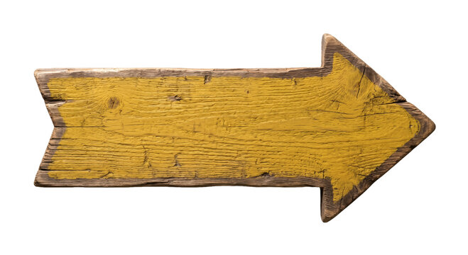 Rustic wooden arrow sign pointing right with weathered yellow paint