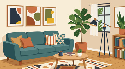 Fototapeta premium Cozy modern living room interior featuring soft teal sofa with vibrant throw pillows, lush potted plants, warm wooden floors, stylish wall art, and inviting home decor for relaxation and comfort
