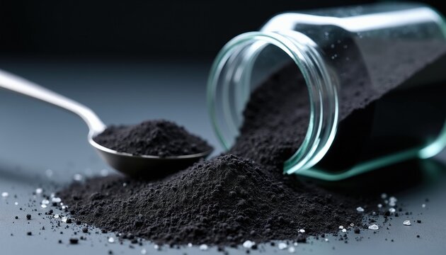 Black activated carbon powder pours from glass jar onto dark table surface near metal spoon. Fine granular charcoal used for water filtration purification chemical industrial research lab testing.