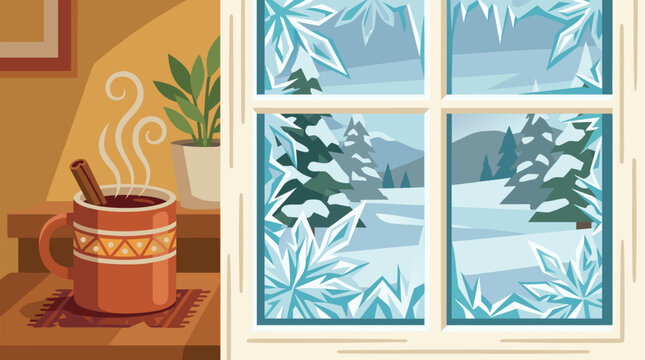 Cozy vector illustration of a steaming spiced tea mug with cinnamon on a wooden table next to a frosty winter window showing snow covered trees creating a warm inviting seasonal atmosphere