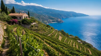 Terraced vineyards and a stone hillside villa overlook a bright blue coastal bay and mountains, ideal for Mediterranean travel, wine tourism, or luxury retreat promotions.