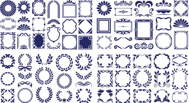 Vintage frame and wreath collection with elegant scrollwork borders and decorative icons.