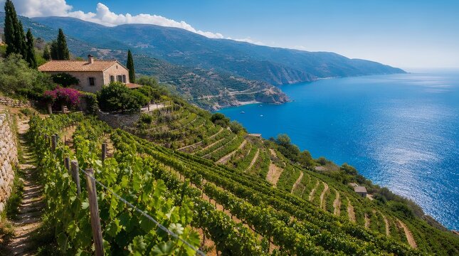 Terraced vineyards and a stone hillside villa overlook a bright blue coastal bay and mountains, ideal for Mediterranean travel, wine tourism, or luxury retreat promotions.