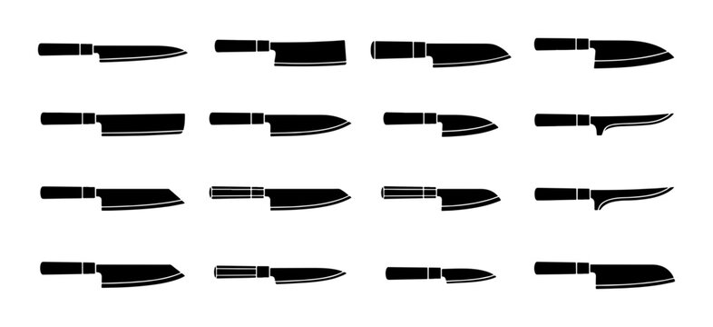 Kitchen Knife Set, Chef Knives Collection, Culinary Tools Icons, Professional Slicing Blades, Food Preparation Vector Graphics