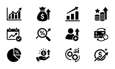 Fototapeta premium Financial Growth Icons Set, Business Analytics Vector Graphics, Investment Performance Symbols, Money Management Data Visualization