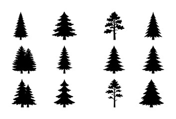 Obraz premium Conifer Tree Silhouettes Collection, Evergreen Forest Icons, Pine Spruce Fir Vector Graphics, Nature Landscape Elements, Woodland Design Assets