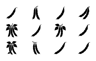 Obraz premium Black Bean Pod Silhouettes, Fresh Green Vegetable Icons, Healthy Food Graphics, Simple Organic Ingredient Vector Set