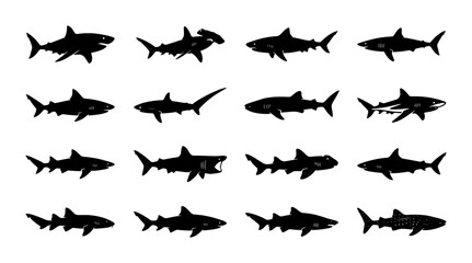 Fototapeta premium Shark Silhouettes Vector Pack: Diverse Marine Predators, Aquatic Wildlife Icons, Ocean Danger Symbols, Underwater Creatures Collection