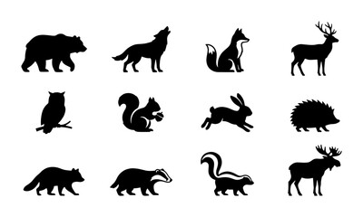 Obraz premium Forest Wildlife Silhouette Icons, Woodland Animal Vector Graphics, Nature Creatures Set, Wild Fauna Collection, Black and White Vector Art