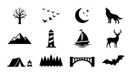 Fototapeta premium Nature and Wildlife Icons Set: Silhouette Collection of Trees, Mountains, Moon, Animals, and Outdoor Elements for Graphic Design