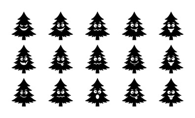 Obraz premium Christmas Tree Emoticons, Festive Evergreen Faces, Holiday Icons Set, Winter Season Expressions, Black and White Vector Graphics