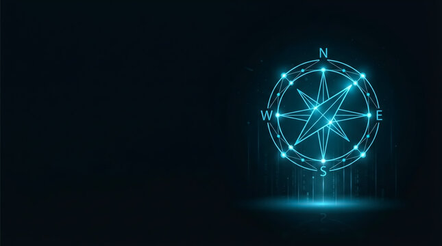 Illuminated digital compass displaying cardinal directions on dark background, futuristic lighting, top-down perspective, minimalist design, evoking precision and navigation focus.