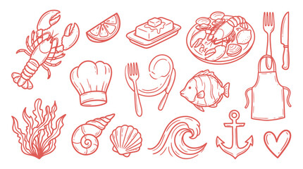 Collection of hand-drawn seafood and nautical elements, perfect for culinary or travel themes. © indira
