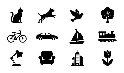 Obraz premium Vector Icons Collection: Animals, Transport, Buildings, Nature, Objects, 12 Simple Icons for Web and App Design