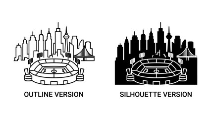 Obraz premium Stadium Silhouette and Outline: A striking visual presents two iconic representations of a modern stadium set against a cityscape skyline, one in a clean outline and the other as a bold silhouette.