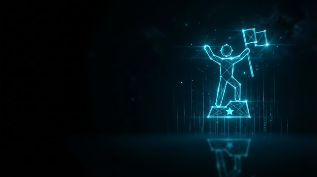 Victory Silhouette with Trophy and Flag on Glowing Podium