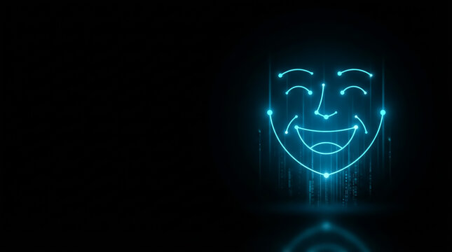 Neon smiley face composed of bright blue light beams on dark background, surrounded by vertical binary code lines, creating futuristic digital mood.