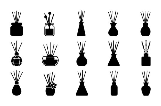 Set of 15 Black Reed Diffuser Icons, Aroma Sticks in Various Glass Bottles, Home Fragrance Vector Collection for Interior Design and Wellness Concepts