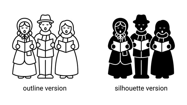 Christmas Carolers Icons: A set of stylized icons depicting Christmas carolers, featuring both an outline and a silhouette version, as they sing from sheet music.