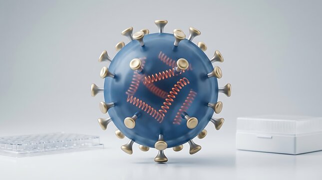 Blue virus model with gold spikes and red coils on white surface
