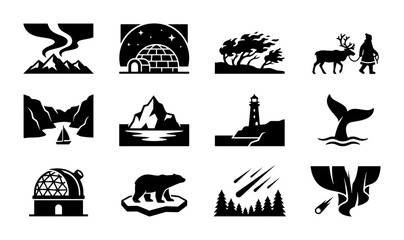 Obraz premium Arctic and Polar Icons Set: Northern Lights, Igloo, Reindeer, Polar Bear, Whale Tail, Observatory, Lighthouse, Aurora Borealis, Winter Landscape, Nature Elements