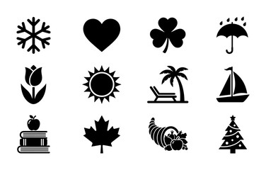 Fototapeta premium Seasonal Icons Collection: Winter Snowflake, Love Heart, Spring Tulip, Summer Sun, Autumn Leaf, Holiday Christmas Tree, Vector Elements for Design