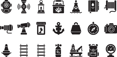 Deep Sea Diving Research and Ocean Exploration Equipment Icon Set © Mahmuda