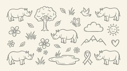 Collection of Cute Hand-Drawn Rhinos and Nature Elements in a Whimsical Style. © indira