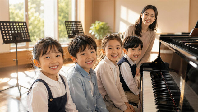 Smiling Children with Piano Teacher in Bright Music Classroom