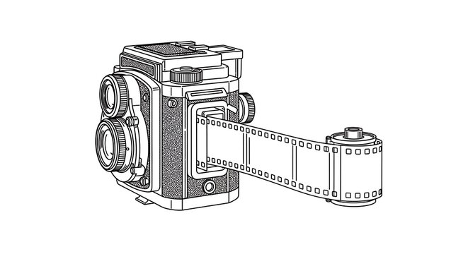 Line art illustration of a vintage twin lens reflex camera with an extending film strip and roll on a white background