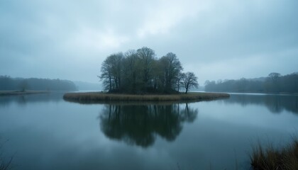 Obraz premium Small island with trees sits in middle of quiet river near Kirchdorf. Calm water surface reflects woods under heavy grey sky. Moody atmospheric scene features tranquil nature landscape without